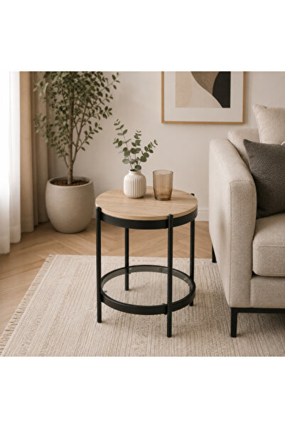Mily Round two-tier side service table with light brown wooden top and metal ...