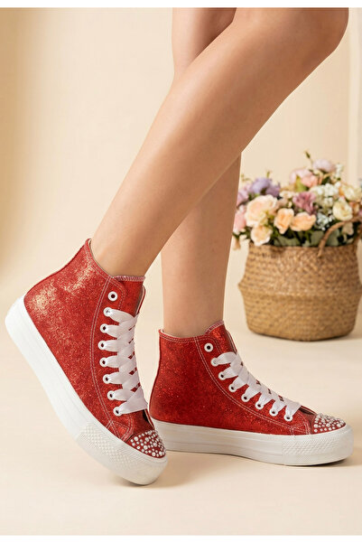 HYS SHOES Parlak Kırmızı Spor Ayakkabı Simli Gelinlik Nişan Kına Kırmızı Spor...