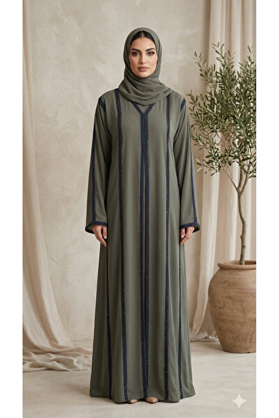 Generic Elegant Sage Green Minimalist Abaya with Contrast black Embellished Trim