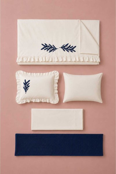 İK TEKSTİL Trigo Navy Blue Floral Embroidered Cotton Duvet Cover Set 5 Piece Modern Single Set with Runner