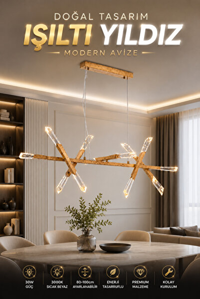 Elvora Home Modern (PREMİUM) LED Sarkıt Avize Doğal Ahşap Tasarım Salon Yemek...