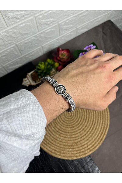 WAKHA Gray Braided Leather and Steel Detailed Men's Bracelet with Lion Figure
