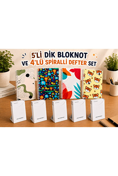 ATALAYREKLAM 4'Lü Çizgili Spiralli Defter + 5'Li Kutulu Dik Bloknot (Diknot) SET