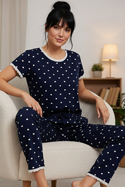 Siyah İnci lacivert desenli Pamuklu Bisiklet Yaka Örme Pijama Takım