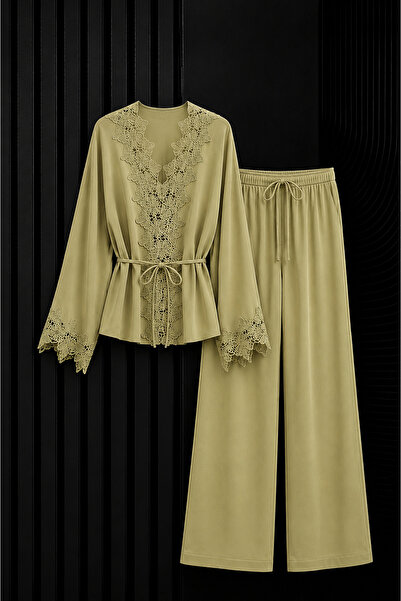 studio fashion 1988 Light Khaki Tencel Guipure Lace Shirt and Pants Set