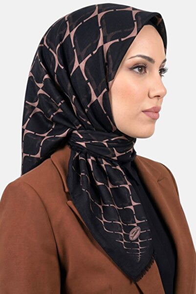 hadiora Women's Black Powder Geometric Patterned Flared Twill Scarf