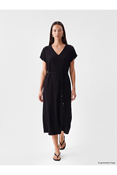 LC Waikiki Black V-Neck Belted A-Line Textured Dress
