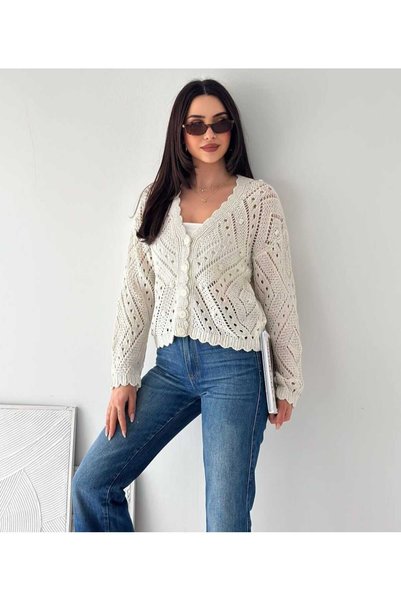 Budan Export Women's Ecru Openwork Scallop Edge V-Neck Buttoned Long Sleeve Knitwear Cardigan