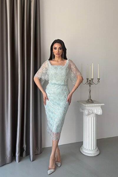 Serica Moda Mint Square Neck Shawl Detailed Beaded Embroidered Midi Evening D...