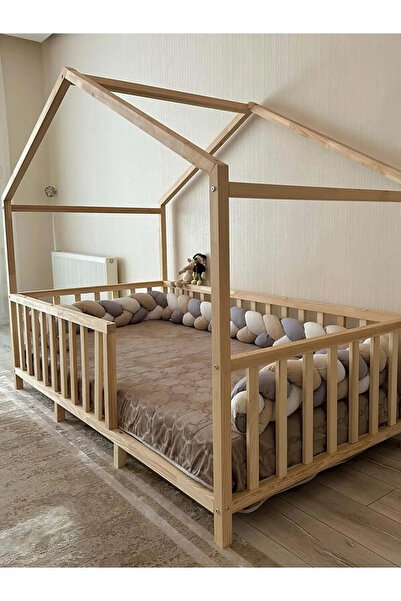 BRK Design BA AHŞAP Montessori Ahşap Sağ Kapı Ayaklı Çatılı Çocuk Yatağı_90X190