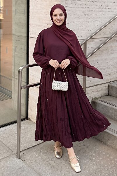 InStyle Dress Set with Stones and Lace-Up Skirt in Plum Color