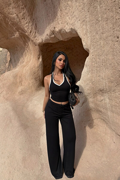 Siner Fashion Γυναικείο Σετ Παντελόνι με Μαύρο Γιακά και Λεπτομερή Λεπτομέρει...