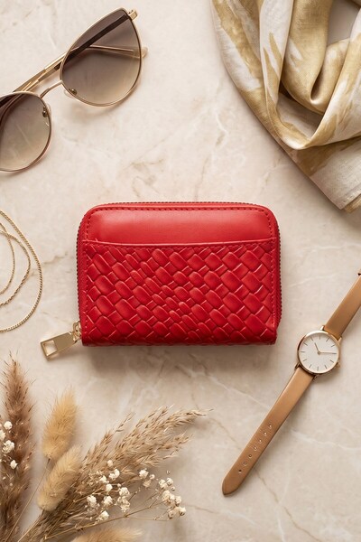 hadiora Women's Red Minimalist Wallet with Front Pocket and Diamond Pattern