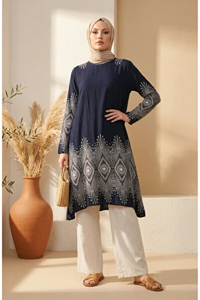 sefamerve Viscose Fabric Patterned Tunic 1015-04 Navy Blue