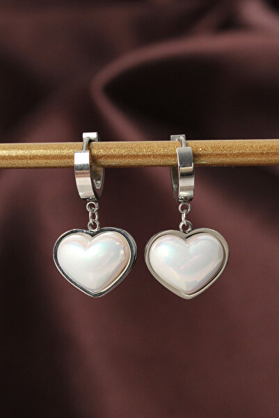 OGHAMAY 316L Steel Silver Color White Dome Heart Earrings