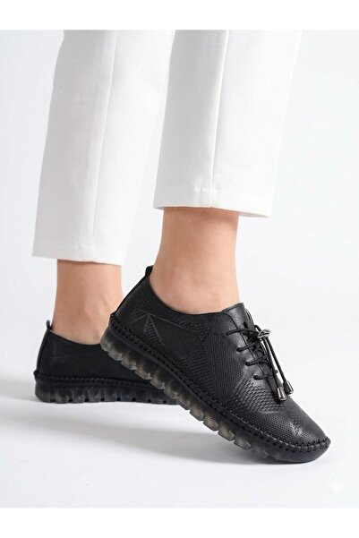 Lütfi Women's Black Genuine Leather Orthopedic Soft Sole Casual Shoes