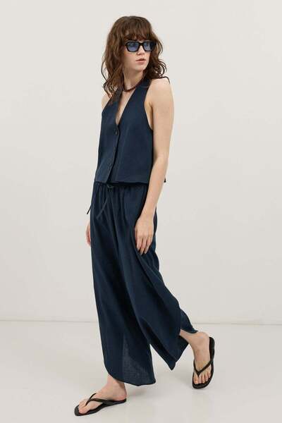 Antioch Navy Blue Linen Blend Slit Women's Trousers