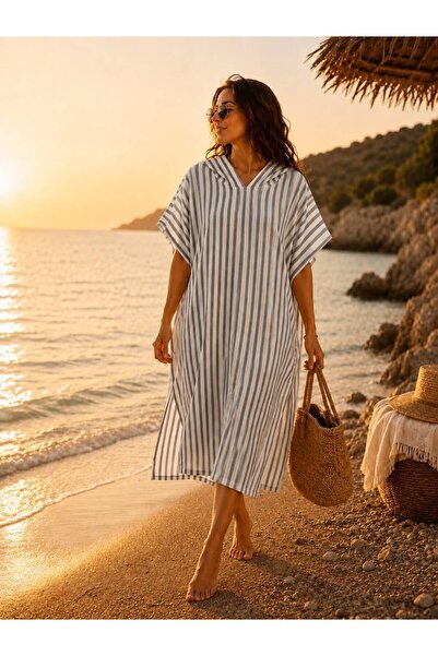 NUNA'S Atelier NUNA’S Atelier Deniz Çizgili Panço | Kapüşonlu Plaj ve Havuz P...