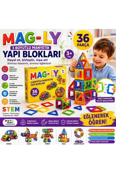 FABBA TOYS Mag-Ly 36 Boyutlu 36 Parça Renkli Manyetik Yapı Blokları STEM Eğit...
