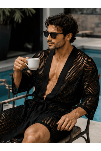 QMEN STYLE Men's Beach Robe Black Mesh Fabric.