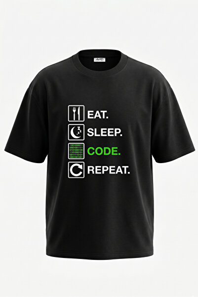 Anetos Tricou oversize negru din bumbac cu imprimeu pe spate Eat Sleep Code D...