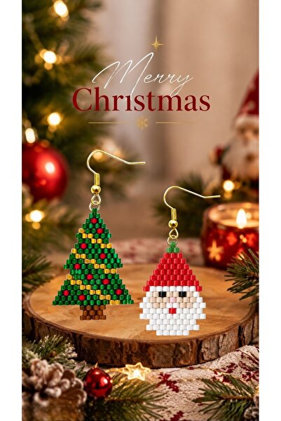 SEARD Miyuki Beads Handmade Santa Claus and Pine Tree Earrings New Year Chris...