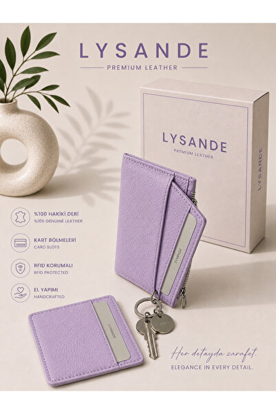 Lysande محفظة حاملة بطاقات من الجلد الأصلي مزودة بسحاب وحامل مفاتيح، تصميم نح...