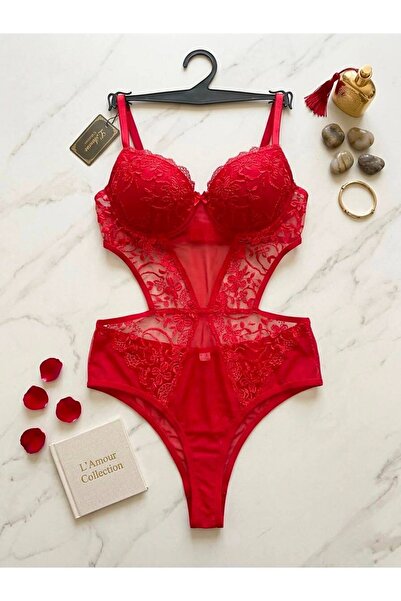 Lavishh Le Amour Kadın Kırmızı Dantel Detaylı Destekli Bodysuit