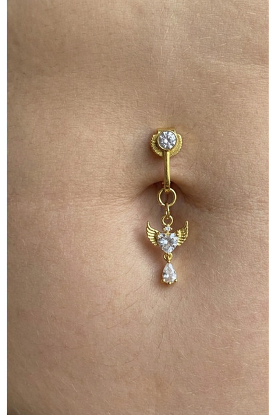kurukafagift Göbek Piercing Çelik Deliksiz Kullanım Kanatlı Kalp Sallantılı M...