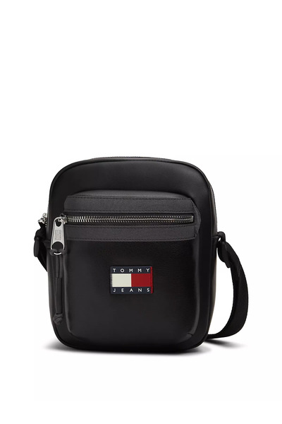 Tommy Hilfiger Men's Leather Black Shoulder Bag with Logo Label and Zippered ...