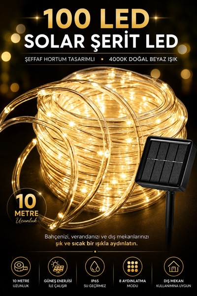 Deconitte 100 LED Solar Şerit LED Aydınlatma 10 Metre – Şeffaf Hortum Tasarım...