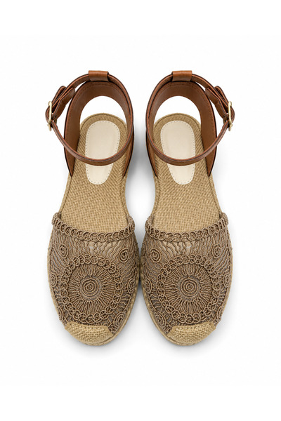 ZARICH Liora Mink Straw Textured Embroidered Ankle Buckle Comfortable Flat So...