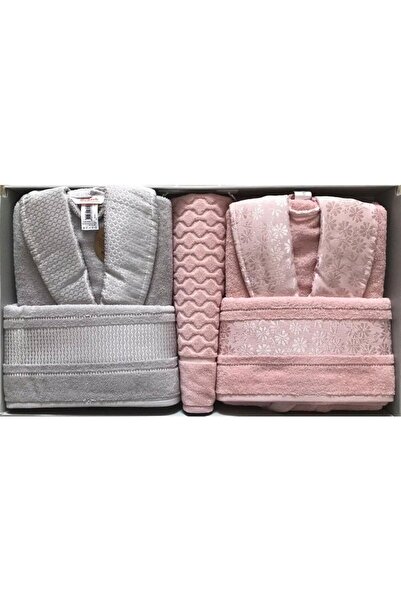 Özdilek Blossom Bathrobe Set Family Set Pink Gray - 5 Pieces
