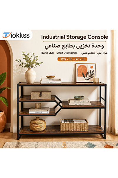 Tiokkss 5-Tier Industrial Console Table, 120 × 30 × 90 cm Rustic Brown & Blac...
