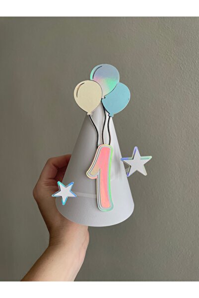 wenucapartyshop Krem Mavi Balon İlk Yaş Şapkası | 1 Yaş Doğum Günü Karton Şap...