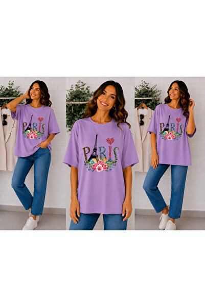ENB1R MODA Paris Themed Eiffel Tower, Rose Flower and Heart Printed Lilac Pre...