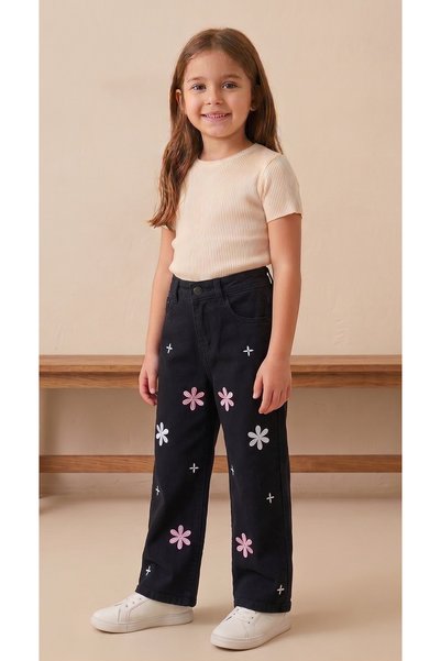 Butik Children's Black Pants with Flower Details