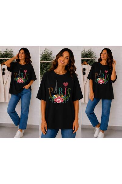 ENB1R MODA Μαύρο Premium Basic T-shirt με θέμα το Παρίσι, με στάμπα Πύργου το...