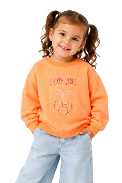 Divonette Girl's Sweatshirt Orange Long Sleeve Glitter Cherry Patterned Cute ...