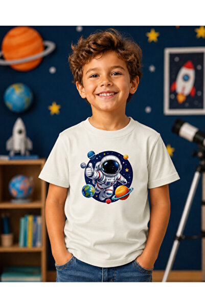 remonz Çocuk Uzay Astronot Baskılı Kısa Kollu Bisiklet Yaka T-Shirt