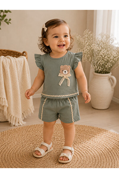 kr kids Baby Girl Green Teddy Bear Embroidered Shorts Set Ruffle Sleeve Summe...