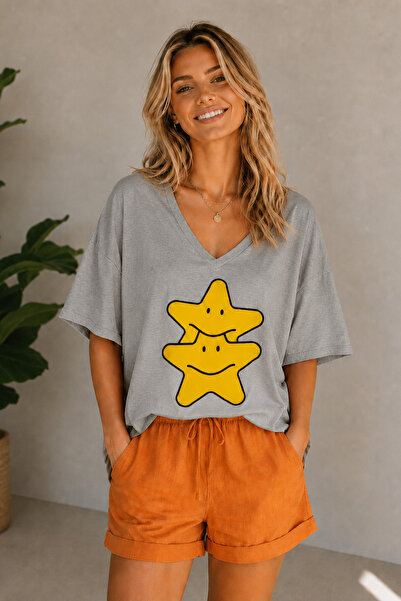 ArtYus Tricou oversize unisex cu decolteu în V și imprimeu cu stele duble – T...