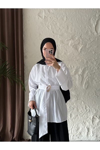 QUWİQ Women's Belted Hijab Shirt with Buckle Detail and Waist Tie