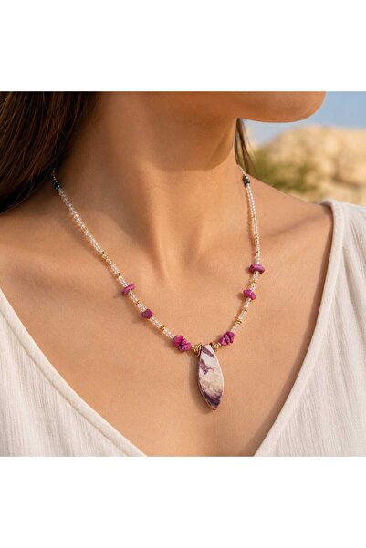 ORENDAJEWELRY Mor Detaylı Kristal ve Doğal Taş Kolye