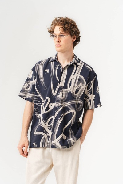 go gang own Abstract Design Detailed Short Sleeve Oversize Shirt