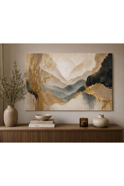 Mgi Design Modern Soyut Dağ Manzarası Kanvas Tablo Bej Krem Mavi ve Gold Tonl...