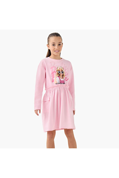 mattel Round Neck Long Sleeves Dress with Barbie Print