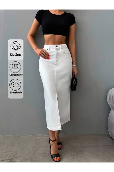MIZUKI Kadın Beyaz Yüksek Bel Jean Etek Yırtmaçlı Midi Boy Denim Etek