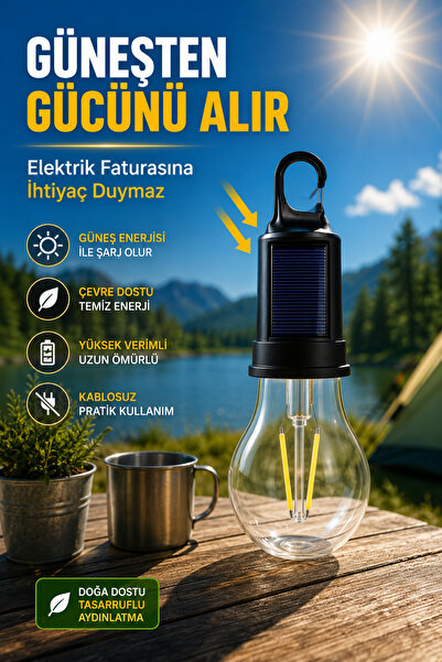 luvesya Solar Şarjlı LED Kamp Lambası Uzaktan Kumandalı Taşınabilir Ampul Aci...