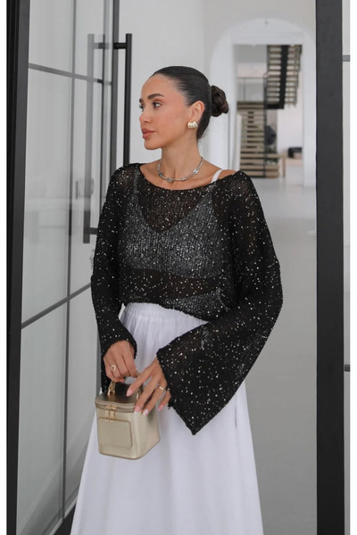 MareandCo Uzun Kollu Pullu Merserize Kayık Yaka Crop Bluz